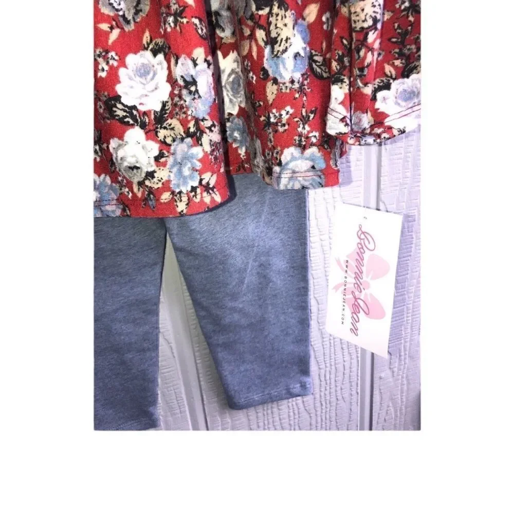 KIDS Girls BNWT Bonnie Jean Size: 2/2T Red Blue Flowered Top with Blue L…